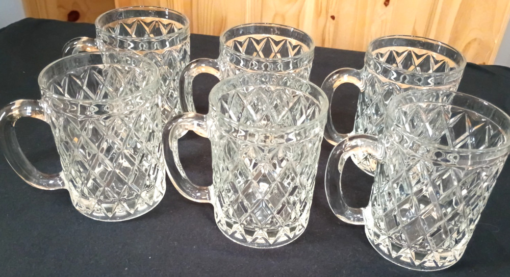 6 Paul Sebastian VTG Crystal Diamond Quilt Glass Coffee Cups Mugs 12 oz Set